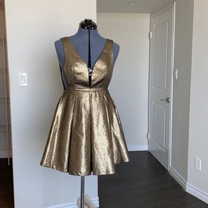 Deep V neck, Gold, Pleated, Dress.